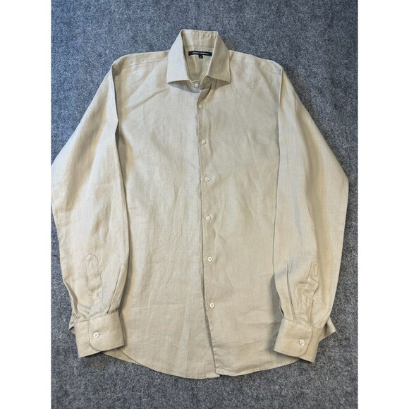 Mens Linen Shirt Size Large Neutral Beige 100 Percent Linen Long Sleeve Casual - Picture 1 of 8